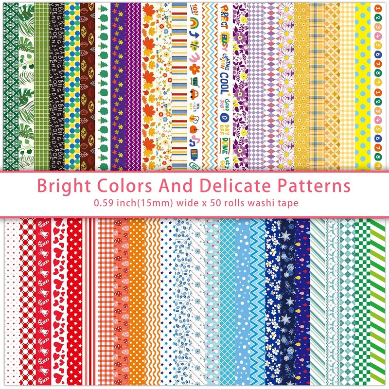 emmoolife 50 Rolls Washi Tape Set, 15mm Wide Rainbow Colored Tape Aesthetic Design Masking Decorative Tape for Scrapbooking Supplies, Bullet Journaling, Junk Journal, Wrapping Planners, DIY Arts Craft - Image 2